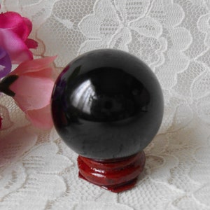 Black Crystal Ball Glass Sphere Mini 40mm-1.5&quot; Travel Size with Wood Stand, Divination Gazing Sphere Fairy Garden Orb Wicca Altar