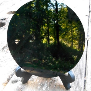Scrying Mirror Black Obsidian 120mm, Round Stone Disc with Stand, Feng Shui Divination Gazing Fairy Garden Wicca Altar