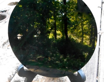 Scrying Mirror Black Obsidian 120mm, Round Stone Disc with Stand, Feng Shui Divination Gazing Fairy Garden Wicca Altar