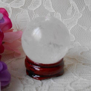 Crystal White Quartz Ball Sphere Mini 35mm Travel Size with Wood Stand, Divination Gazing Sphere Scrying Orb Altar Tool Fairy Garden
