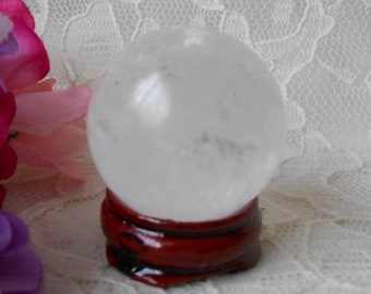 Crystal White Quartz Ball Sphere Mini 35mm Travel Size with Wood Stand, Divination Gazing Sphere Scrying Orb Altar Tool Fairy Garden