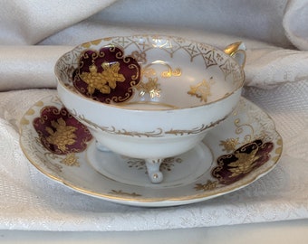 Vintage Porcelain Teacup Saucer Shafford Japan Handpainted Footed Tea Cup & Saucer