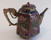 Chinese Cloisonné Miniature Tea Pot Asian Enamel Brass Figural Handle 6 Sided Covered Teapot Coffee Pot