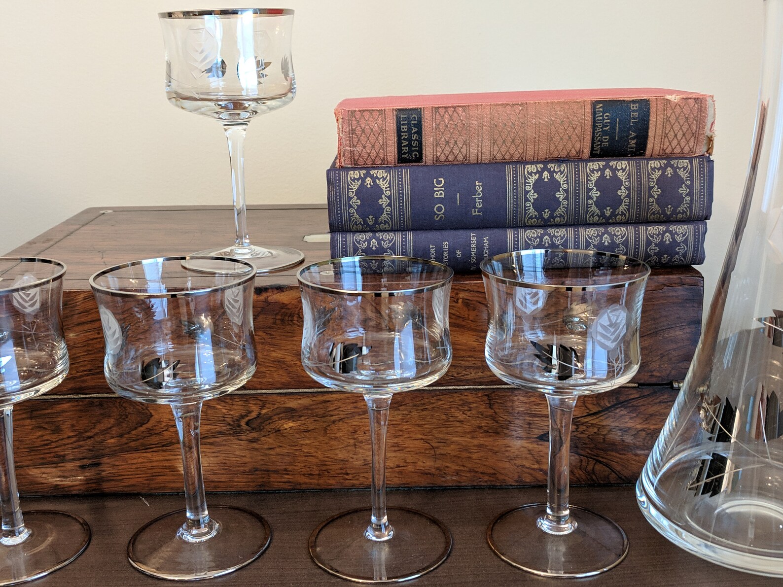 Vintage Etched Glass Decanter Set Wine Glasses Silver Leaves Etsy