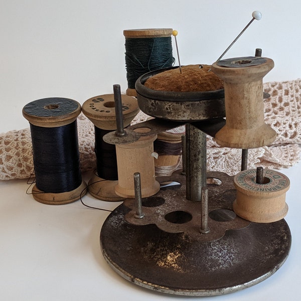 Antique Victorian Spool Holder Sewing Notion Industrial Sewing Notion Pin Cushion