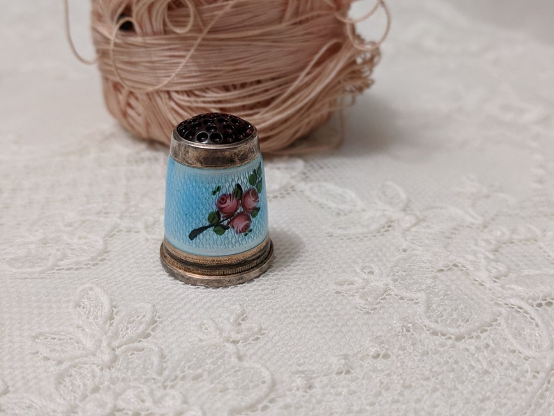 Antique German Guilloche Enamel Sterling Silver Thimble Decorative Thimble Sewing Collectible Haberdashery