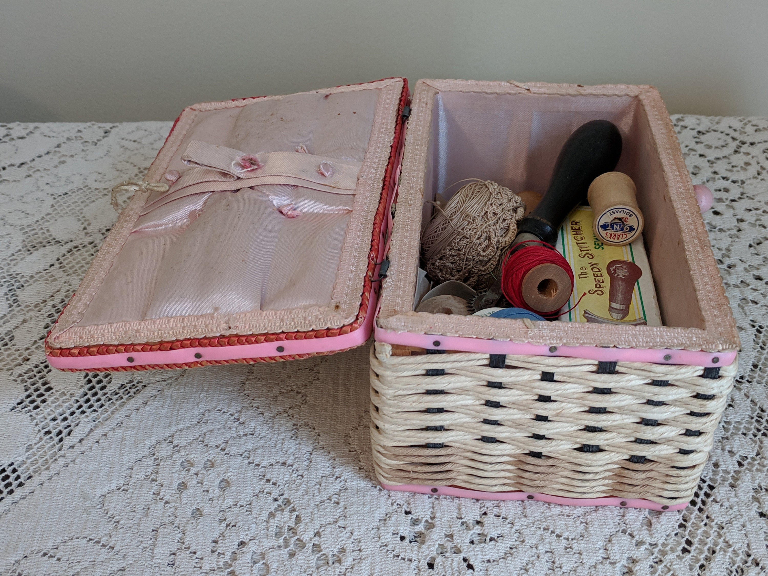 Panier De Couture Vintage En Paille Tressée Beige - Boîte De Rangement Pour Couture