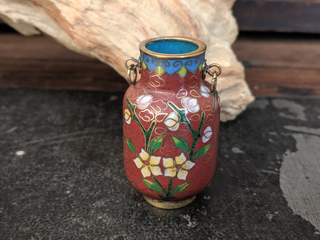 Chinese Cloisonné Miniature Vase Pendant Asian Enamel Brass Floral