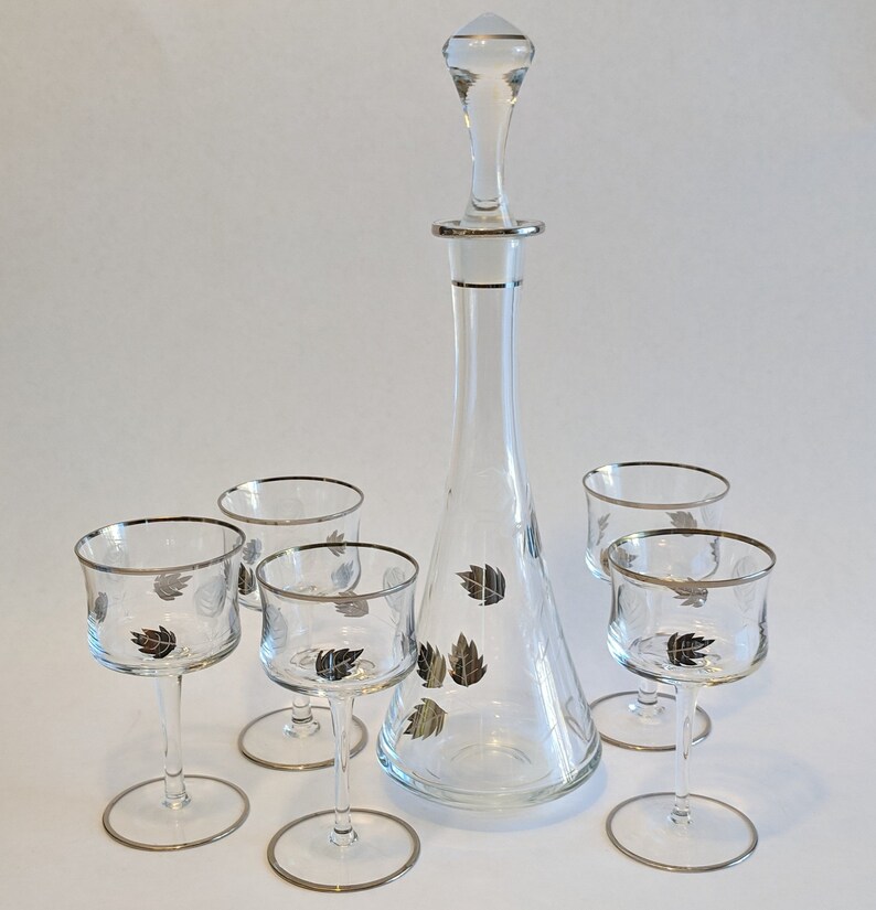 Vintage Etched Glass Decanter Set Wine Glasses Silver Leaves Etsy