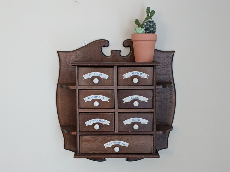 Vintage Wood Spice Cabinet 7 Drawer Rack Apothecary Style Wall Hung Farmhouse Decor Bakery