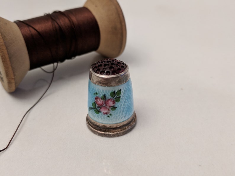 Antique German Guilloche Enamel Sterling Silver Thimble Decorative Thimble Sewing Collectible Haberdashery