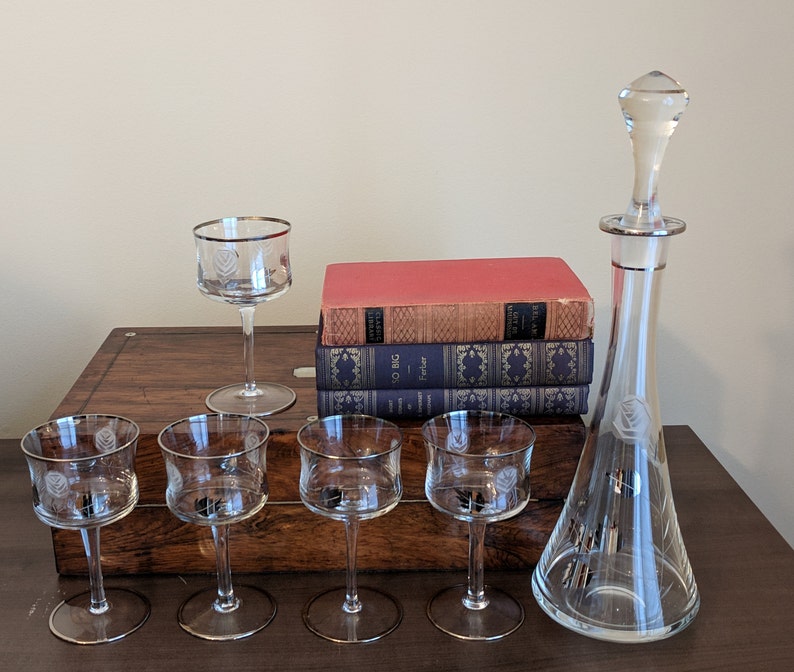 Vintage Etched Glass Decanter Set Wine Glasses Silver Leaves Etsy