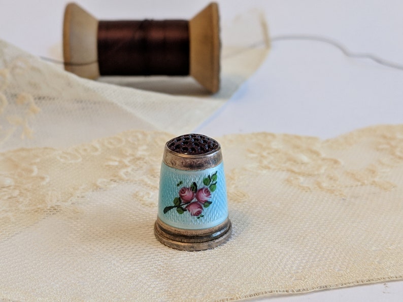 Antique German Guilloche Enamel Sterling Silver Thimble Decorative Thimble Sewing Collectible Haberdashery