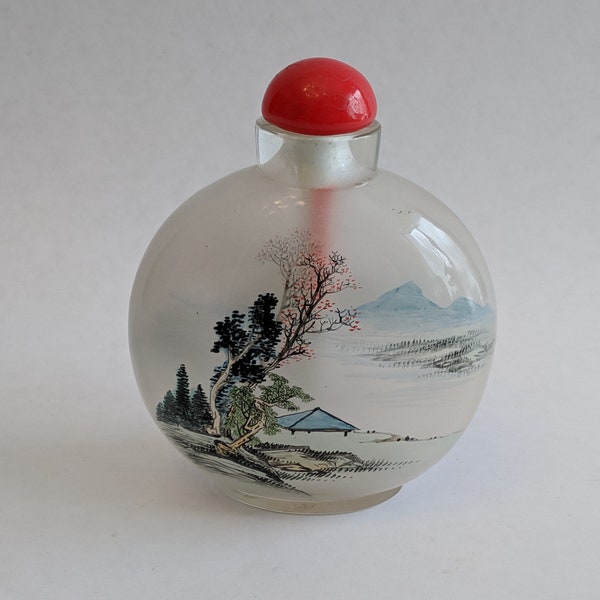 Antique Chinese Glass Inside Painted Snuff Bottle Landscape Scene Vintage Peking Glass Asian Arts Collectible Reverse Painted