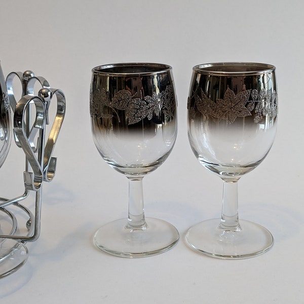 Vintage Mid Century Silver Fade Ombre Wine Glasses Wine Caddy Drink Caddy Vintage Valentine Glassware Set Barware Bar Cart Styling