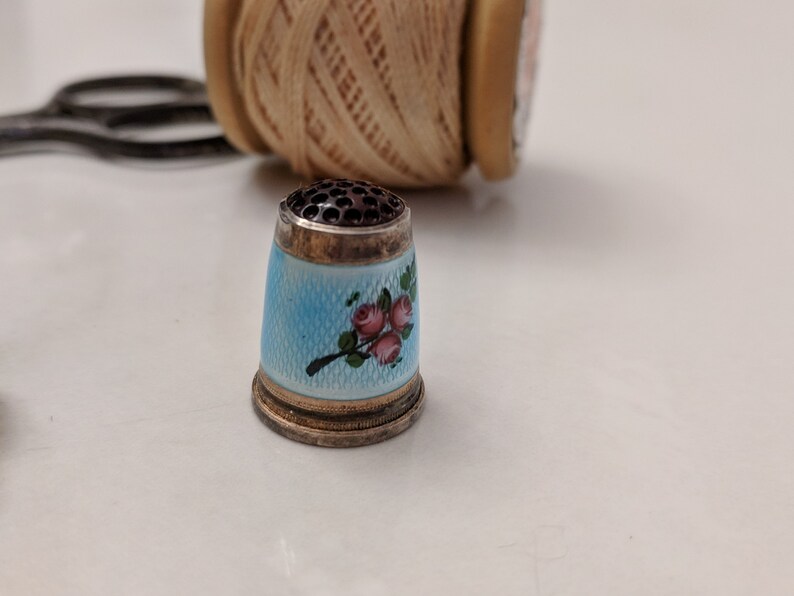 Antique German Guilloche Enamel Sterling Silver Thimble Decorative Thimble Sewing Collectible Haberdashery