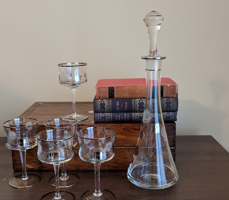 Vintage Etched Glass Decanter Set Wine Glasses Silver Leaves Etsy