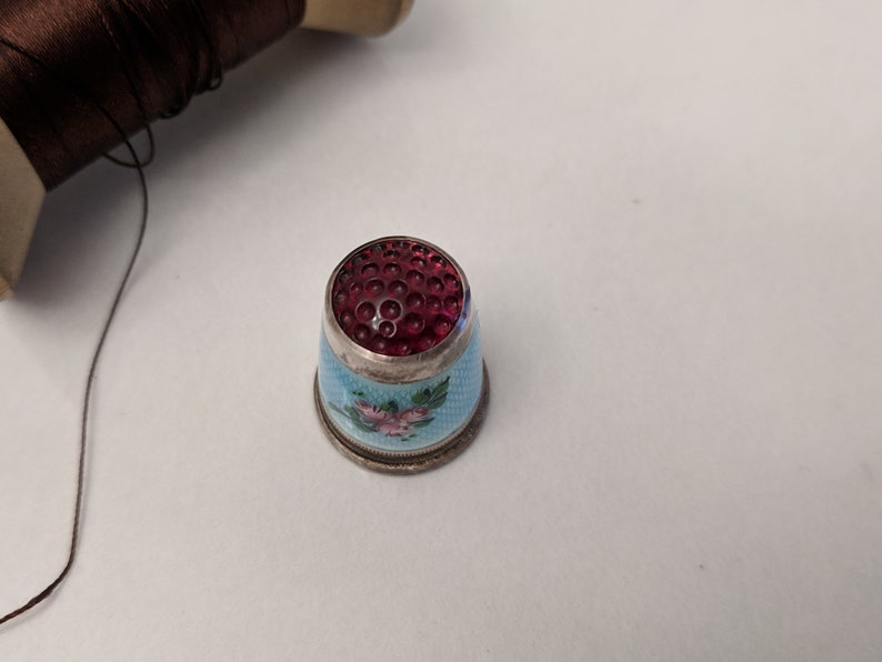 Antique German Guilloche Enamel Sterling Silver Thimble Decorative Thimble Sewing Collectible Haberdashery
