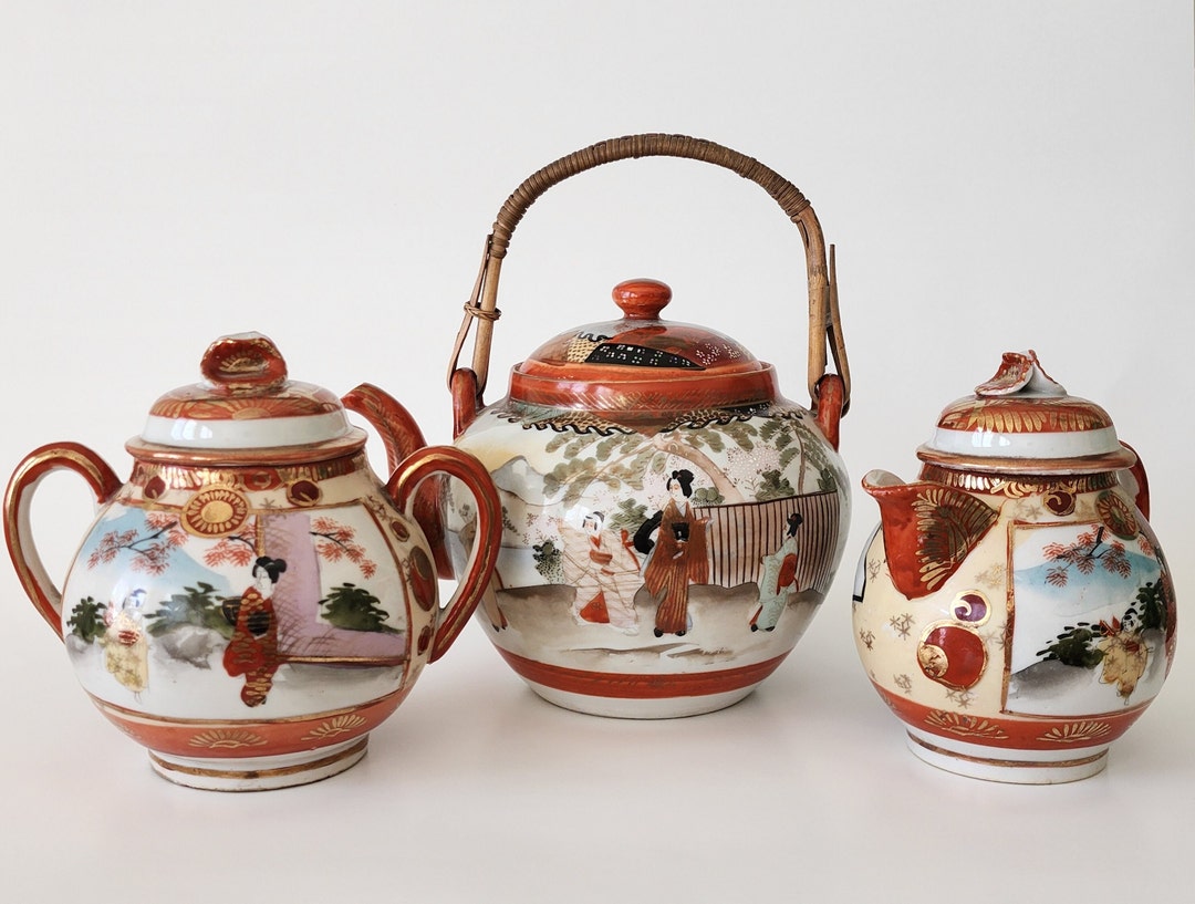 Antique Kutani Japanese Tea Set Ceramic Porcelain Teapot Creamer Sugar Bowl Asian Decor Etsy
