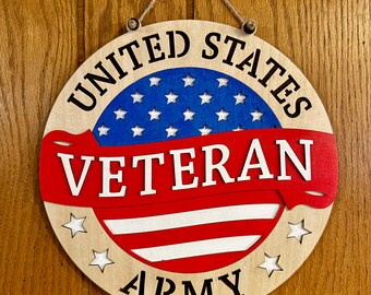 May include: A circular wooden wall sign featuring a blue section with white stars at the top and red and white stripes at the bottom. A red banner across the center displays the white text VETERAN, with UNITED STATES above and ARMY below in black.