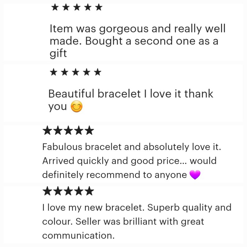May include: Five-star reviews for a bracelet. The reviews highlight the quality, beauty, and fast shipping of the bracelet. One reviewer even bought a second one as a gift.