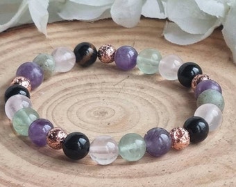 Empath Crystal Bracelet Shungite  EMF, Spiritual gift, Aura Healing Genuine gemstones, Amethyst, Tourmaline,Fluorite stretch, free charm