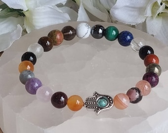 Protection Crystal Bracelet Hamsa hand, Personalised Charm Birthday Gift, 8mm jewellery,  Tourmaline, Onyx. 8mm