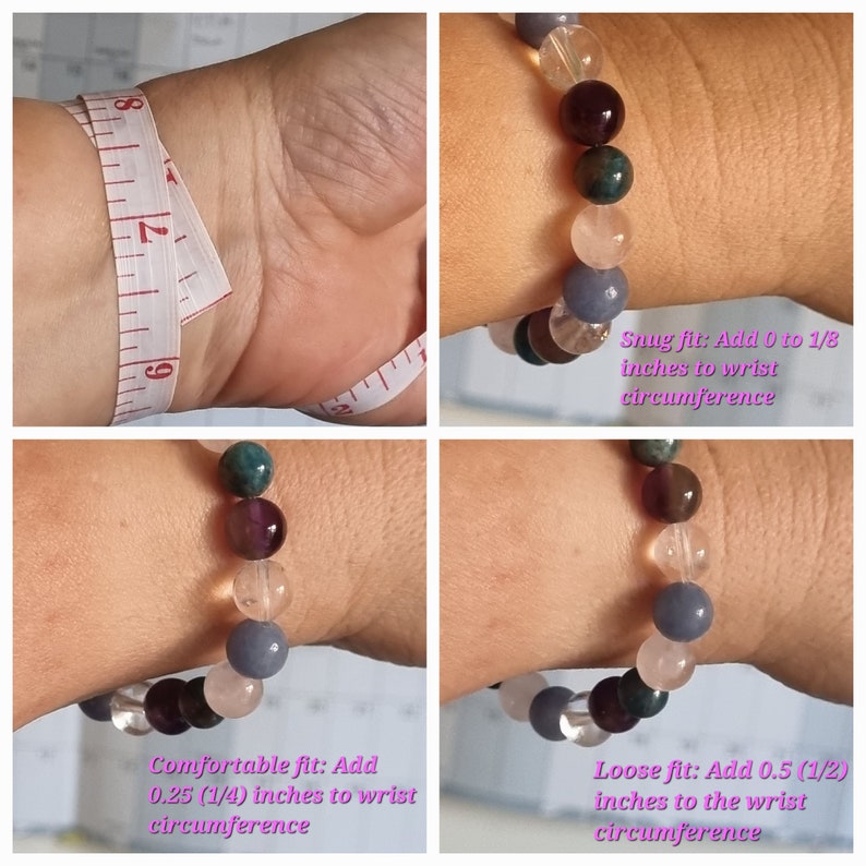 May include: A close-up of a bracelet with various colored beads, including purple, pink, gray, and green. The bracelet is shown on a person's wrist with a measuring tape to show different fits: snug, comfortable, and loose. The text on the image describes how to adjust the bracelet size for each fit.