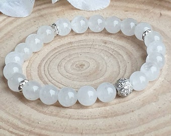 White Jade  and Agate Gemstone bracelets, Fertility, Pregnancy, Protection, Fertility, Relationships, Crystal energy,  Rhinestone bead