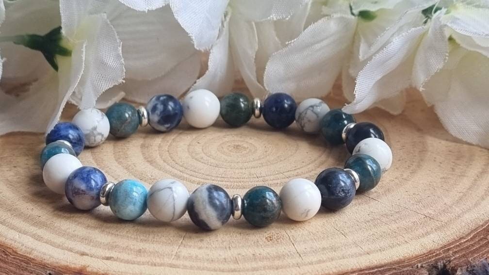 Anxiety Bracelet, Stress Relief support, Healing Crystals, Genuine Gemstones, Apatite, Sodalite, Howlite, 8mm,4mm beads, Personalised Gift