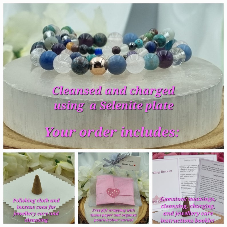 May include: A multi-colored gemstone bracelet on a white selenite plate. The bracelet is cleansed and charged using the selenite plate. The order includes a polishing cloth, incense cone, gift wrapping, and a booklet with gemstone meanings, cleansing, charging, and jewelry care instructions.