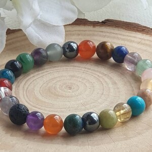 Könnte beinhalten: Ein buntes Perlenarmband mit verschiedenen Edelsteinen, darunter Amethyst, Tigerauge, Türkis und Lavastein.