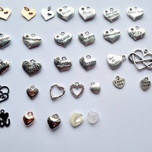 Puede incluir: Surtido de dijes en forma de coraz&oacute;n plateados y dorados con varias palabras y dise&ntilde;os, incluyendo "Mam&aacute;", "Cu&ntilde;ada", "Mejor amigo", "T&iacute;a", "Te amo", "Pap&aacute;", "Gracias" y "Te amo".