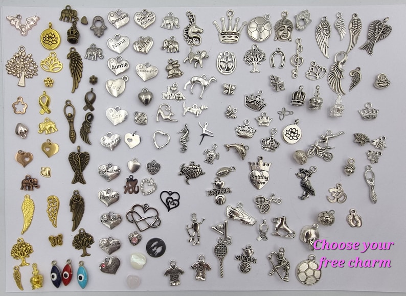 May include: A large selection of silver and gold charm pendants, including hearts, animals, religious symbols, and more. Choose your free charm.
