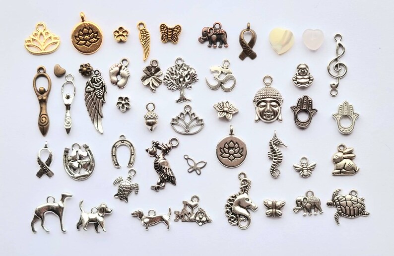 Puede incluir: Una colecci&oacute;n de colgantes de plata y oro con varios s&iacute;mbolos, animales y dise&ntilde;os. Los colgantes incluyen una flor de loto, un &aacute;rbol, una herradura, una mariposa, una tortuga, un caballito de mar, un conejo, una abeja, una nota musical, una mano de F&aacute;tima, una cara de Buda, un s&iacute;mbolo Om, y m&aacute;s.