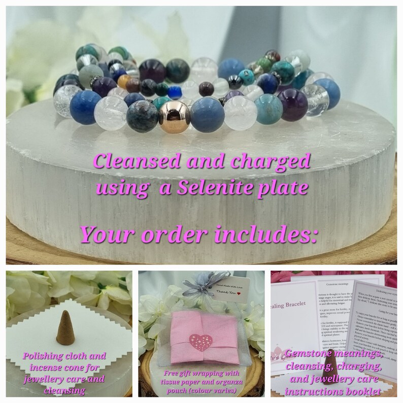 May include: A multi-colored gemstone bracelet on a white selenite plate. The bracelet is cleansed and charged using the selenite plate. The order includes a polishing cloth, incense cone, gift wrapping, and a booklet with gemstone meanings, cleansing, charging, and jewelry care instructions.