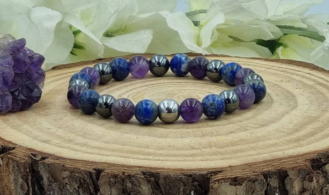 Migraine And Headache Bracelet In 8 Mm Natural Beads Of Amethyst, Hematite And Sodalite - Foto 8