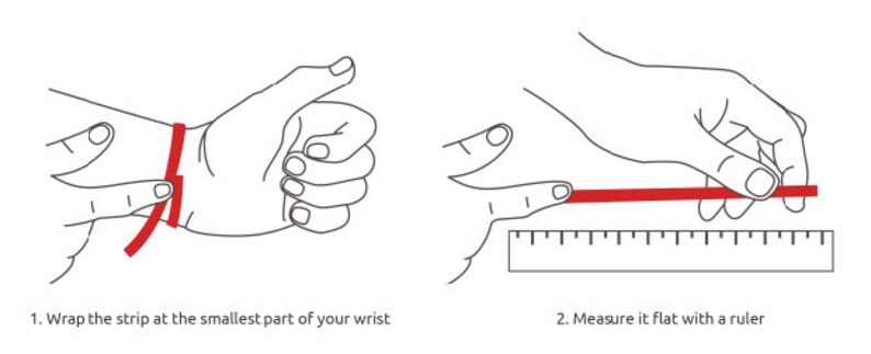 Puede incluir: Instrucciones sobre c&oacute;mo medir tu mu&ntilde;eca para un brazalete. Envuelve una tira de papel alrededor de la parte m&aacute;s peque&ntilde;a de tu mu&ntilde;eca, luego mide la longitud de la tira con una regla.