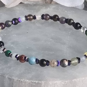 Safe travel Crystal bracelet, Gemstone, Amethyst, Gift, Card, Stretch, 4mm beads, Free charm