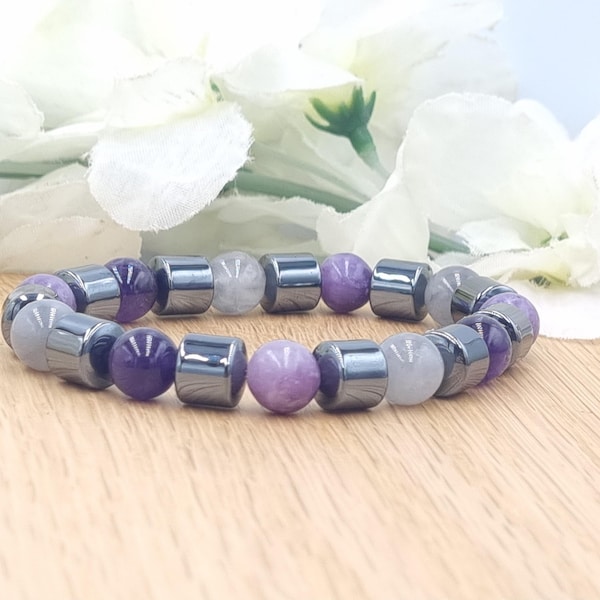 Addiction Bracelet, Sobriety, Hematite, Amethyst, Lepidolite, Manifest Health, Grounding Chakras Stretch Free charms