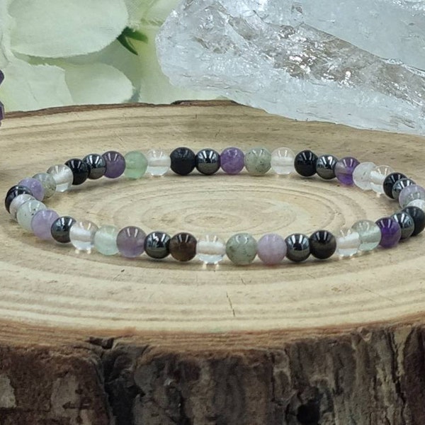 Empath Protection Bracelet, EMF Shungite, Black Tourmaline, Onyx, Stretch, Spiritual Gift, with Amethyst, Fluorite, 4mm, 6mm, 8mm beads