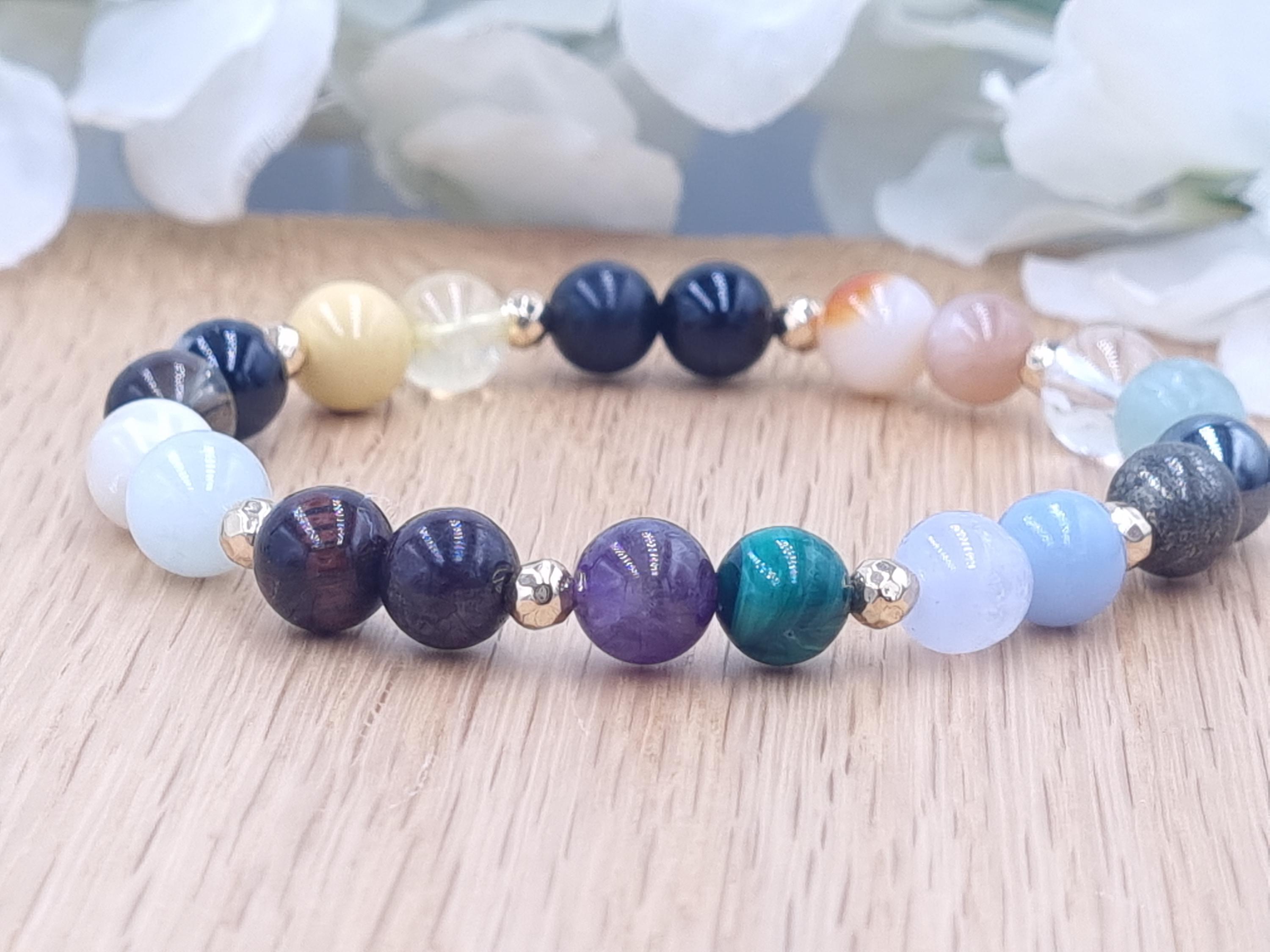 Travel Bracelet, Protection Crystals, Healing Tourmaline, Amethyst, Aquamarine, Stretch, charm, Friendship, Personalised Gift, Manifest