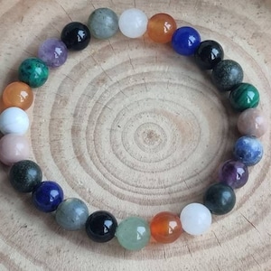 May include: A colorful beaded bracelet with various stones, including black, white, blue, green, and orange. The bracelet is on a wooden surface.