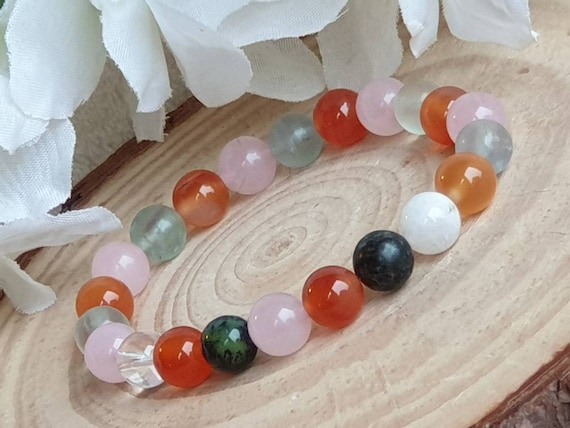 PCOS Bracelet Healing Crystals Hormone imbalance, Carnelian, Quartz, Moonstone, Fluorite, Rose Quartz, Fertility Birthday gift, 8, 6, 4mm