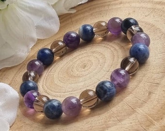 Bracelet contre l'anxiété, soulagement du stress, cadeau de protection, pierres précieuses véritables, cristaux pour la tension, multi-cristaux, améthyste, quartz fumé, extensible