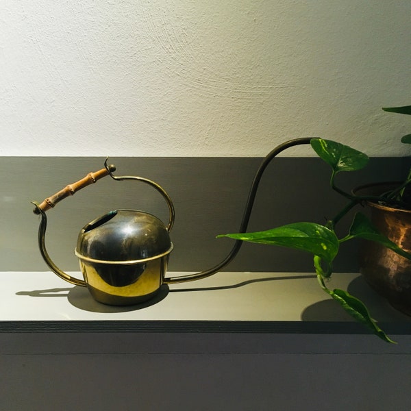 Vintage Copper & Brass Watering Can with Bamboo Handle Mid-Century Urban Jungle