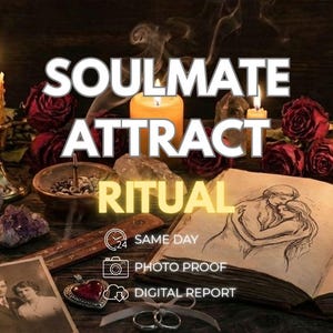 May include: An image with the words "SOULMATE ATTRACT RITUAL" in large white letters. The image includes candles, roses, a sketch of a couple, and other ritualistic items. The text "SAME DAY", "PHOTO PROOF", and "DIGITAL REPORT" are also present.