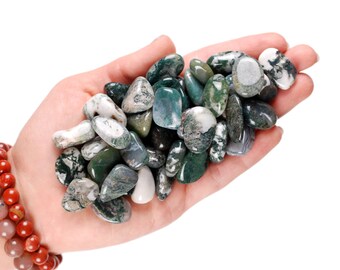Set of 10 Moss Agate Tumbled Stones, Green Forest Crystal, Altar Ritual Grid Gem