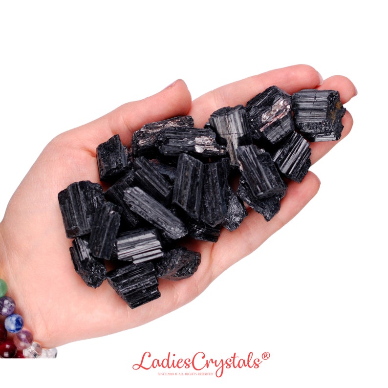 May include: A hand holding a pile of black tourmaline crystals. The crystals are rough and have a natural, unpolished look.