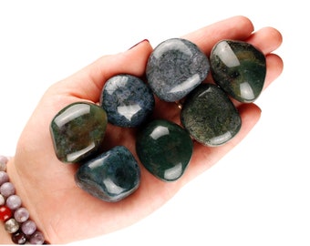 Moss Agate Tumbled Stone, Green Nature Crystal, Abundance And Altar Ritual Healing Gem